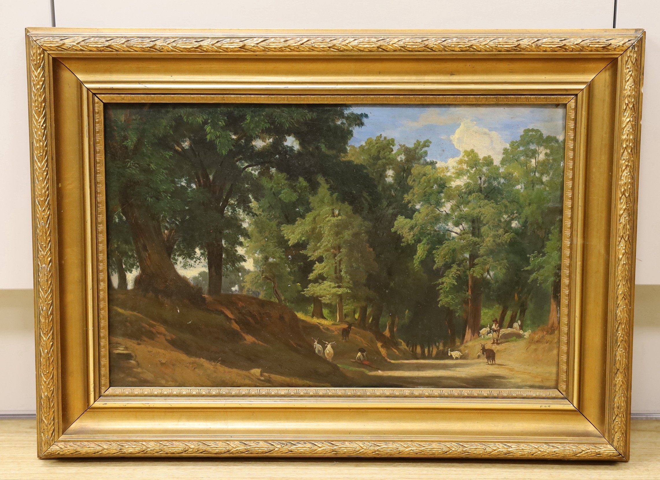 19th century English School, oil on board, Italian goatherders on a woodland path, 26 x 41cm